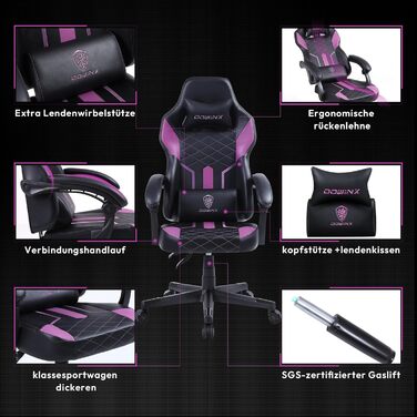 Ігровий крісло Dowinx Racing з підголівником та підтримкою попереку, ергономічний геймерський слінг з PU шкіри, чорно-фіолетовий, 150 кг