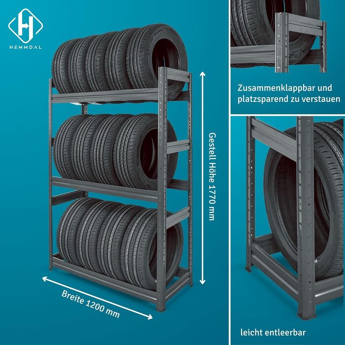 Стеляжка для шин на 450 кг - 177 x 120 x 50 см - міцна полиця для зберігання до 18 шин - сірий графіт - виробництво ЄС - для гаража, підвалу, складу та майстерні