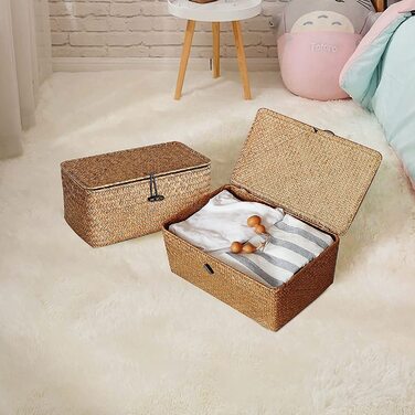 Кошик для зберігання Esoe з плетеного ротанга, ящик для зберігання з ковдрою з морської трави, кошики для білизни, органайзер для макіяжу для ванної, вітальні, кухні (XL)