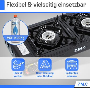 Преміум газовий набір для кемпінгу ZMC з 2 конфорками, 2,5 кВт, Piezo-запалювання, валіза для транспортування. Ідеально для відпочинку на природі, балкону та дому. Включає гриль-плиту 45×24 см та 227г газові картриджі.