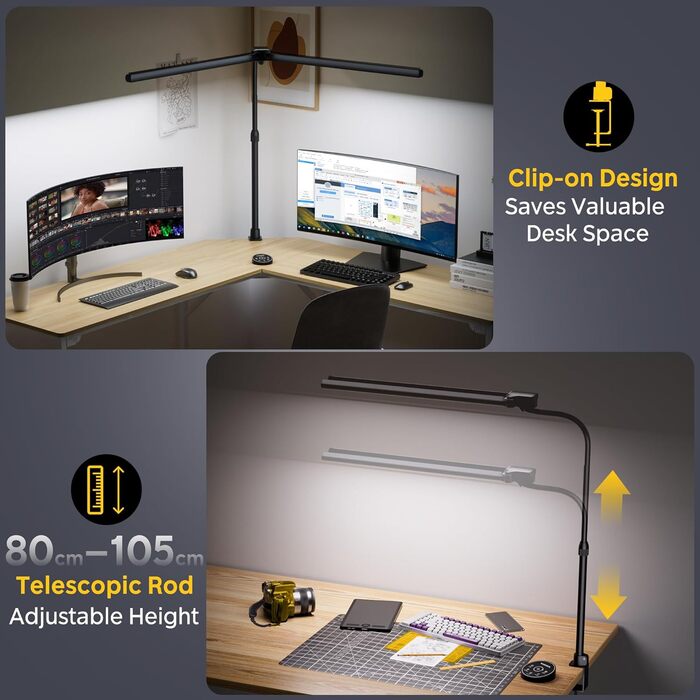 LED лампа настільна EYOCEAN 24W, 80см з жестами, диммування, захист очей для офісу, читання, архітекторів, дизайнерів (чорна)