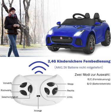Електромобіль для дітей COSTWAY Jaguar, 12V, з музикою, історіями, сигналом та фарами, з дистанційним керуванням, швидкість 3-5 км/год, для дітей від 3 років, синій