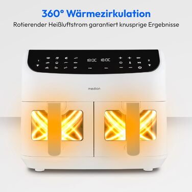 MEDION P20 XXL Фритюрниця для повітряного приготування з 2 камерами (8,7 л, Airfryer, 2600 Вт, подвійна камера, 10 автоматичних програм, 2 ящики, віконце, Dual Airfryer, ILAG PFAS-free, MD11760) матово-білий