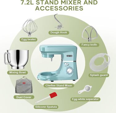 Кухонна машина Cheflee 2000W: потужна планетарна міксер для тіста та збивання, 6 швидкостей, 7.2 л чаша з нержавіючої сталі, гак для тіста та вінчик, захист від бризок (блакитна)