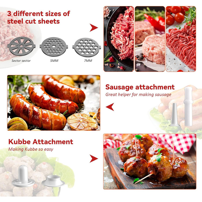 Електрична м'ясоподрібнювач Fleischwolf 2800W, 3 диски, з насадкою для ковбаси, потужність 2800 Вт, швидкість подрібнення 1,5 кг/хв (червоний)