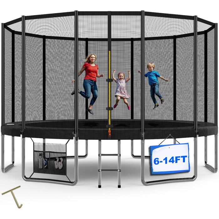 Батут Devoko вуличний Ø427 см з захисною сіткою, драбиною та м'яким бортиком - для дітей та дорослих, чорний