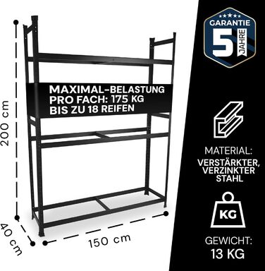 Стелаж для шин преміум-класу 100x110x40 см, вантажопідйомність 175 кг, економія місця, для гаража та складу (чорний, 18 шин)
