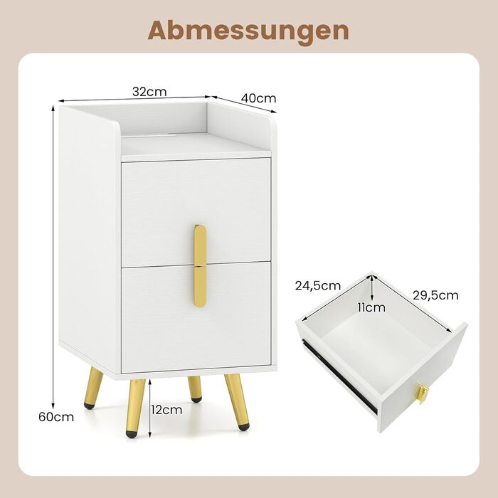 Нічний столик COSTWAY з зарядкою, вузький приліжний столик з 2 шухлядами, металеві ніжки, для спальні, вітальні, 32x40x60 см (Білий)