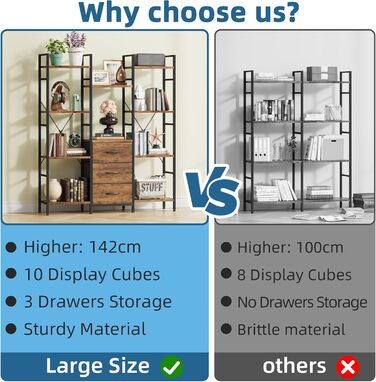 Стильна полиця-стеллаж з 4 висувними ящиками з тканини, 100W x 142Hcm, для книг, кухні, вітальні, офісу, балкону, в індустріальному стилі (4 яруси, 120cm, рустикальне дерево)