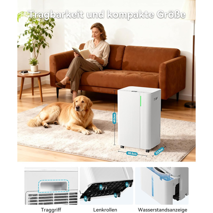 EUHOMY Електричний осушувач повітря 20л/день, для підвалу з відведенням води, тихий, з таймером та авторозморожуванням, для квартири 50м² та 150м³