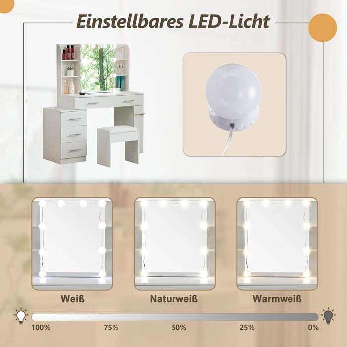 Дзеркальний туалетний столик Thanaddo з підсвічуванням та пуфом, 100×40×136 см. 6 шухляд, відкриті полиці, сучасний дизайн для спальні (білий)