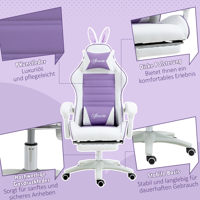 Ігровий крісло Vinsetto Ergonomischer Gamer Stuhl з підтримкою попереку, підставкою для ніг, ігровий крісло з вушками кролика, подушкою для голови, офісне крісло з регульованою спинкою та функцією відкидання спинки, фіолетовий | Aosom
