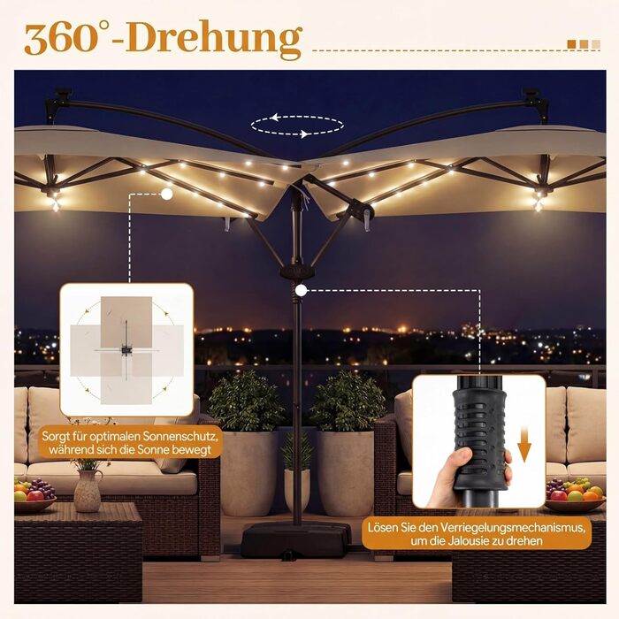 Парасолька від сонця COSTWAY 250x250 см з підставкою та LED-підсвіткою, квадратна садова парасолька з ручкою-курбою, UV-захист, бежева