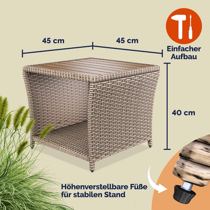 Розкладний столик з ротангу Polyrattan кремового кольору 40x45x45 см з акацієвим деревом