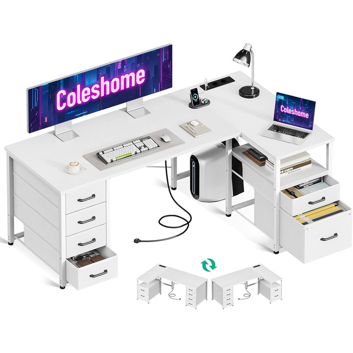 Комп'ютерний стіл Coleshome L-подібної форми з ящиками для документів, USB-роз'ємом та розеткою, для дому та офісу (білий, 140x70 см)