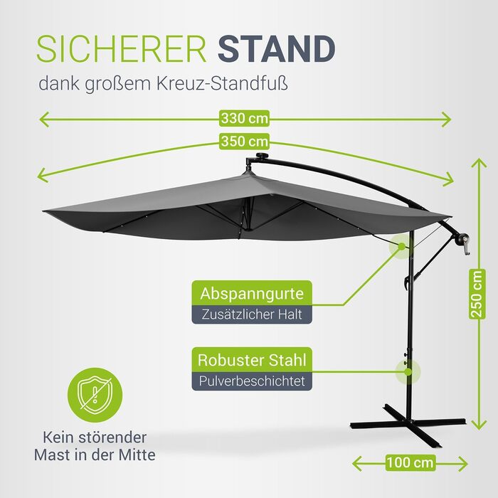 Сонцезахисна парасолька Juskys Brazil 350 см з LED-освітленням, сонячною панеллю та ручним приводом, сіра, водовідштовхуюча з UV-захистом