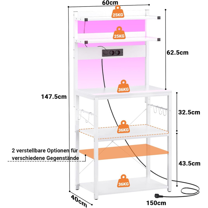 Кухонна полиця-стійка з розеткою, підставка для мікрохвильовки, 5-ярусна кавобар станція з LED-підсвічуванням, полиця для спецій, каструль та сковороди (60 см, білий)