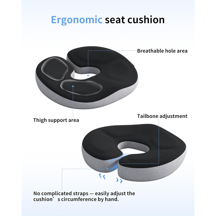 Ортопедична подушка-кільце з ефектом пам'яті для копчика та куксицевого відділу, протигеморройна та протипролежнева подушка для вагітних та реабілітації (Чорна)