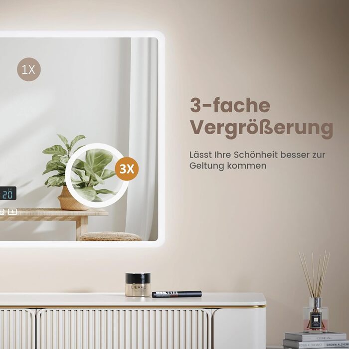 EMKE® LED дзеркало для ванної кімнати 80x60 см з підсвічуванням, регулюванням, годинником та Bluetooth, IP44, 3 кольори світла