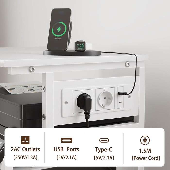 Тристопельний стіл для принтера з розеткою та USB-портами, регульовані полиці, роликовий стійка для дому/офісу, для 3D/лазерного друку, термопреса (білий, 60 см)