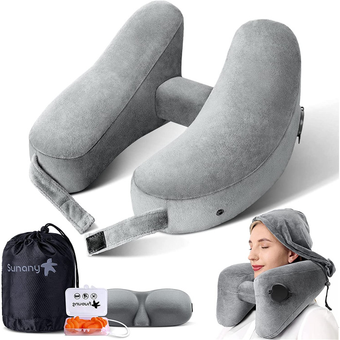 Подушка для шиї надувна Дорожня подушка зручно підтримує голову, шию і підборіддя, подушку для літака з м'яким велюровим покриттям, капелюх, портативний шнурок, 3D-маску для очей і затички для вух (сірий)