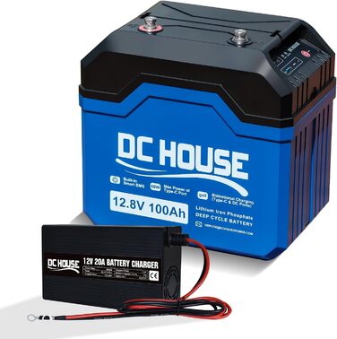 Акумуляторна батарея DCHOUSE 12V 100Ah LiFePO4 із зарядними пристроями на 10 А, оновлений BMS 100 А, до 15000 циклів, літієва батарея 1280 Втгод, ідеально підходить для автофургонів, сонячної системи, каравану, човнів, кемпінгу, автономного режиму (12 В 1