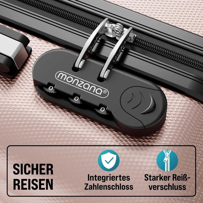 Набір валіз Monzana® 4шт з косметичкою, колір рожевий - M, L, XL - з замком, органайзером та вагами. З гелевими ручками, подвійними колесами, ніжками, телескопічною ручкою, валіза-троль, валіза з жорстким корпусом, багажний набір