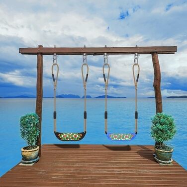 Гойдалка садові SELEWARE з міцним сидінням, 2м регульованим канатом та 2 карабінами, чорна (квадратне сидіння)