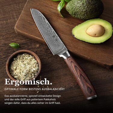 Японський ніж Wakoli EDIB Santoku з дамаської сталі (серцевина VG10), 12.5 см – гострий та зручний. Ніж Сантоку з ручкою з паккавуду в подарунковій коробці, для овочів та фруктів
