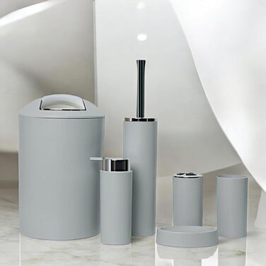 Набір аксесуарів для ванної кімнати 6tlg Badset: мильниця, стакан для зубних щіток, відро для косметики, щітка для унітазу та тримач, мильниця, сміттєвий бак, тримач для зубних щіток (Сірий, дизайн 2a)