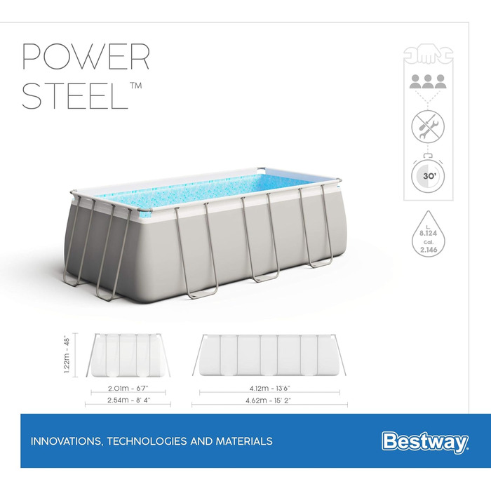 Набір для басейну Bestway Power Steel Frame квадратний, з картриджним фільтром, насосом і сходами, 412x20122 см, сірий з картриджним фільтром, насосом і сходами 412x20122 см Сірий