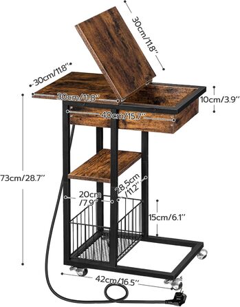 Журнальний столик HOOBRO із зарядною станцією, C-подібна форма, колеса, зона полиці, темно-коричневий чорний