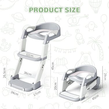 Універсальний дитячий сидіння-сходинка для унітазу 2-в-1 з PU-покриттям, регульована висота, складна конструкція, антиковзке покриття та захист від бризок