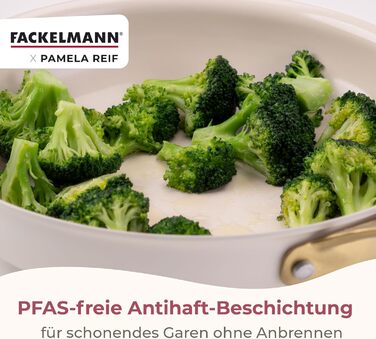 Набір сковорідок Fackelmann x Pamela Reif 3 шт. (20, 24, 28 см) – з переробленого алюмінію, бежевий, керамічне покриття без PFAS, стійке до 160°C, для всіх типів плит