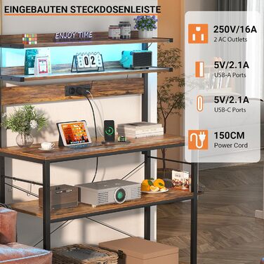 Кухонна полиця-стійка з розеткою, підставка для мікрохвильовки, 5-ярусна кавобар з LED-підсвічуванням, полиця для спецій, каструль та сковорідки, коричнева, 80 см