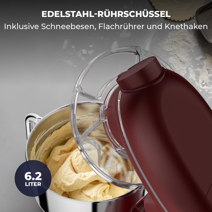 Кухонна машина з тістомісом та машиною для пасти – 2000W, з нержавіючою чашею 6.2L (червона)