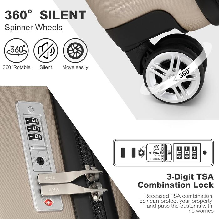 Набір валіз KONO 3 шт. (M-L-XL) з ABS+PC, розширювані, з TSA-замком та 4 колесами, золотий