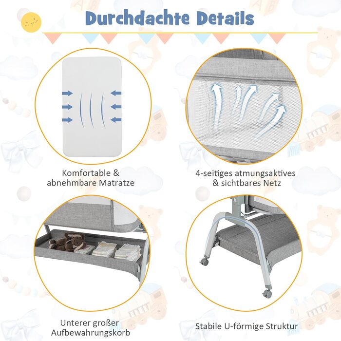 Дитяче ліжко COSTWAY 4-в-1 з москітною сіткою, колір сірий. Ліжко-гойдалка, манеж, колиска та туристичне ліжко з регульованою висотою та сумкою для перенесення. Підходить для малюків до 6 місяців.