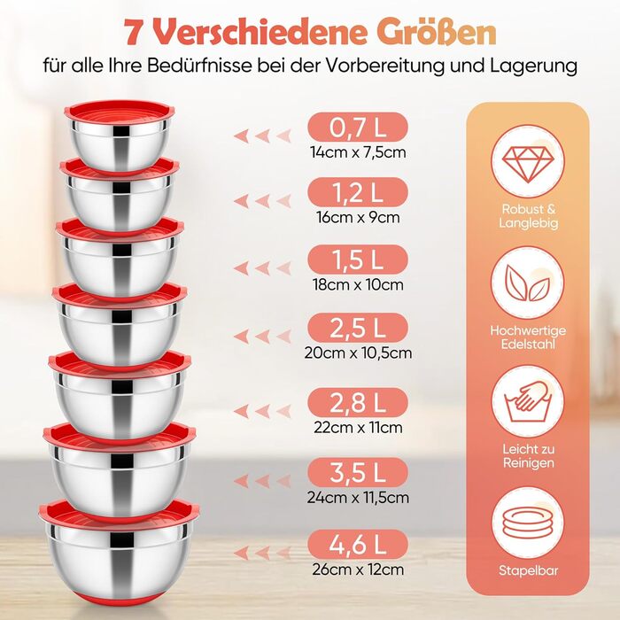 Набір місок HaWare з нержавіючої сталі, 7 шт., з кришками, для приготування їжі, випічки, салатів, 6.5/4.5/3/2.5/1.5/1.2/0.7 л (червоний, силіконове дно)