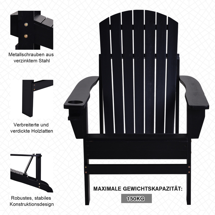 Садове крісло Outsunny Adirondack з підсклянником, масив дерева, чорний, 72.5 x 97 x 93 см, ідеально підходить для саду та балкона