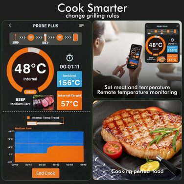 Термометр для м'яса з дистанційним моніторингом 130 м, для гриля, духовки, коптильні та кухні, термометр для гриля, IPX7 водонепроникний, відстеження температури в реальному часі, сумісний з iOS/Android, сріблясто-сірий