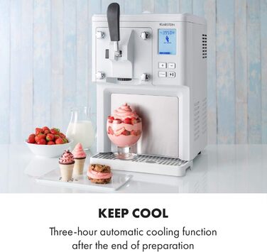 Машина для приготування морозива Klarstein Sweet Sundae, 1.5 л, компресор, 200 Вт, система видачі, авто-охолодження 3 год, авто-очищення, нержавіюча сталь, білий