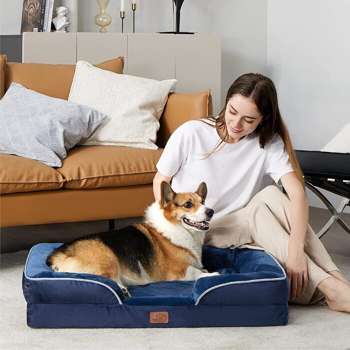 Ортопедичне ліжко для собак ергономічний диван для собак-диван для собак розміром 89x63 см з пінопластом у формі яйця для середніх собак, можна прати нековзні ліжка для собак, (м (758x16 см), темно-синій)