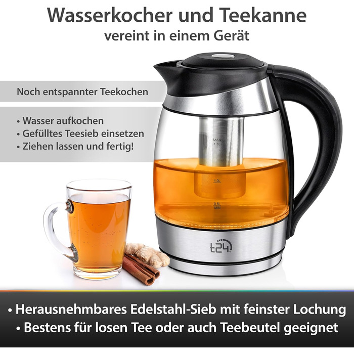 Скляний чайник, Чайник 1,8 л, Чайник з чайним ситечком, Чайник 2200 Вт, Колір світлодіодного освітлення в залежності від вибору температури Без BPA, Чайник, Чайник з гарячою водою з індикатором рівня води, 24