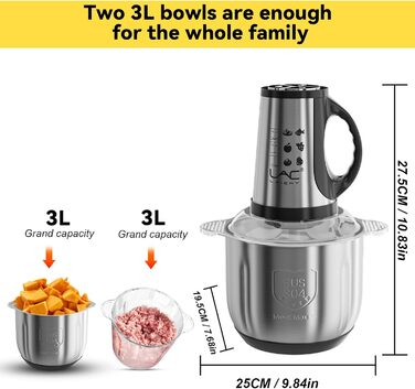 Електричний подрібнювач для кухні з 3L скляною та 3L нержавіючою чашею, 300W, 2-лезові сталеві ножі, 3 швидкості, придатний для миття в посудомийній машині, для фруктів, овочів, м'яса