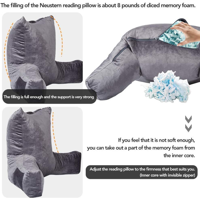 Підлогове крісло-подушка для читання, м'яке крісло для сну, подушка для спини до ліжка, крісло-подушка з підлокітниками та кишенями, спинка та підтримка знімний чохол, для дорослих