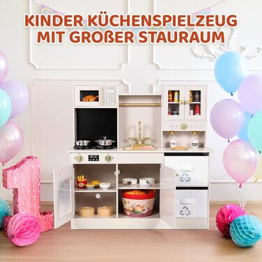 Дерев'яна дитяча кухня MAMIZO з підсвіткою та звуком, 90x30x90 см. Комплект з аксесуарами та 2 ящиками для зберігання. Іграшка для дітей від 3 років, бежевого кольору