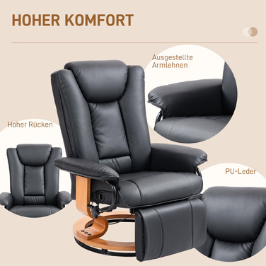 Крісло під телевізор HOMCOM Recliner Swivel з функцією відкидання та підставкою для ніг витримує до 150 кг, крісло під телевізор з імітації шкіри в чорному кольорі для вітальні