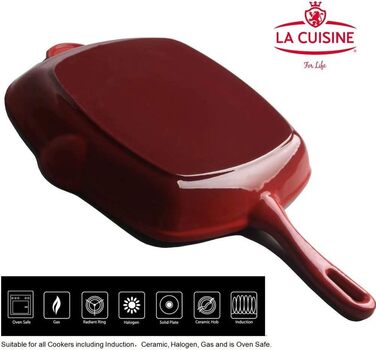 Сковорода-гриль квадратна La Cuisine 25 см з емальованого чавуну, червона емаль зовні, чорна емаль всередині