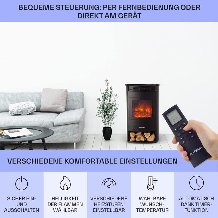 Електрокамін Klarstein Bormio Smart, 1900 Вт, з LED-полум'ям, термостатом, таймером і дистанційним керуванням, чорний – електрообігрівач для вітальні